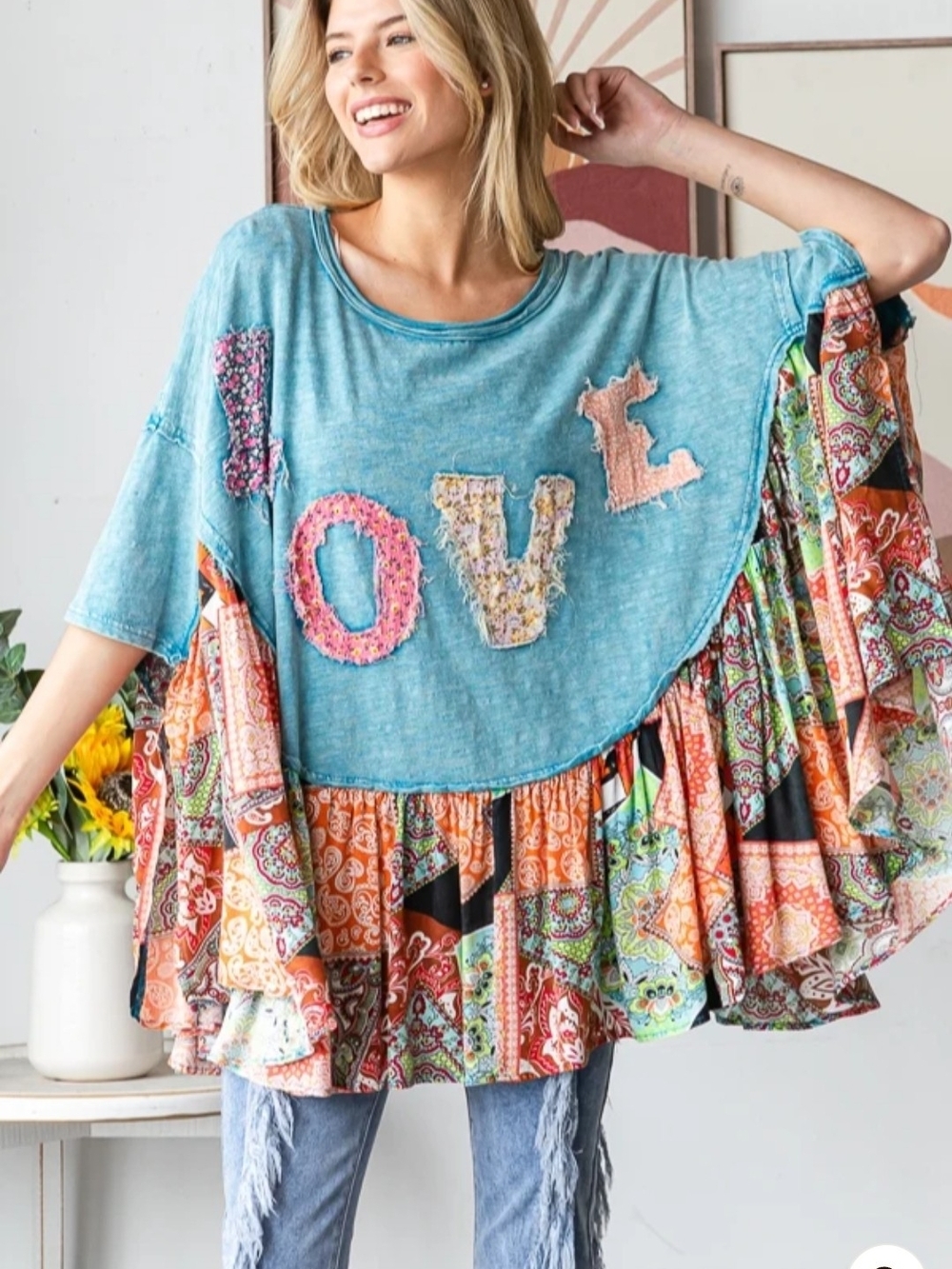 NEW!!! Oli And Hali WASHED ROUND NECK LOVE PATCHWORK RUFFLE HEM TOP, Sz XL - Picture 2 of 6